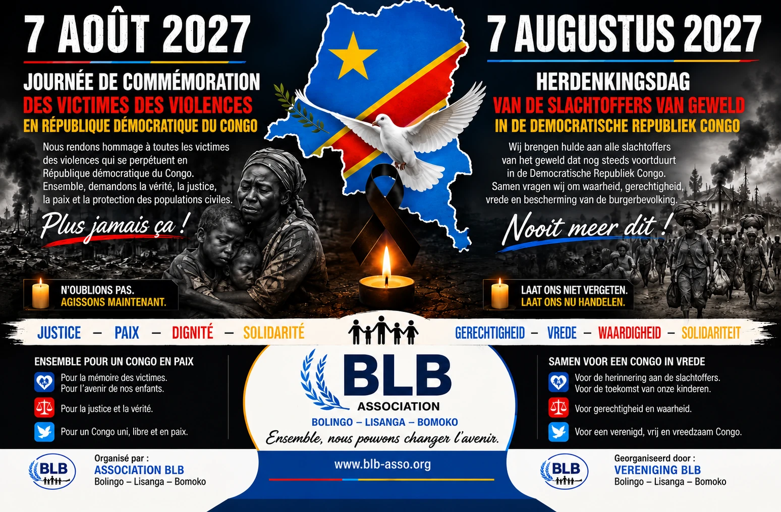 Poster voor de BLB-herdenkingsdag voor slachtoffers van geweld in de Democratische Republiek Congo op 7 augustus 2027.